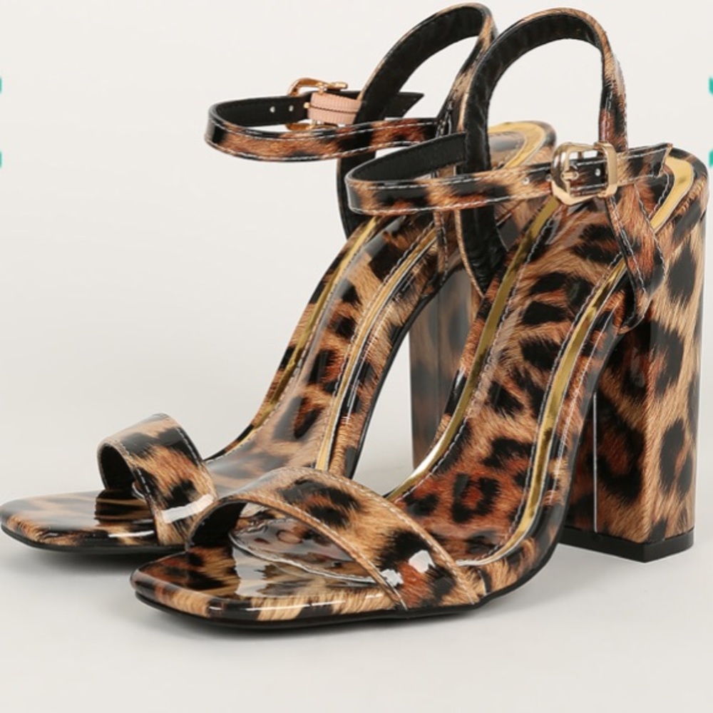 Liliana Square Leopard Patent Open Toe Chunky Heel